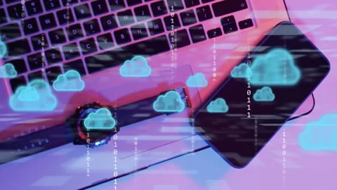 Blue clouds appearing and scanlines moving over laptop, watch, phone, Stock Footage 335465878