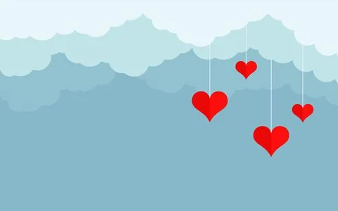 Blue clouds red heart flat love background vector Illustrazione stock