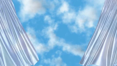 Blue cloudy sky behind the transparent white curtain 3D animation Video stock 144270902