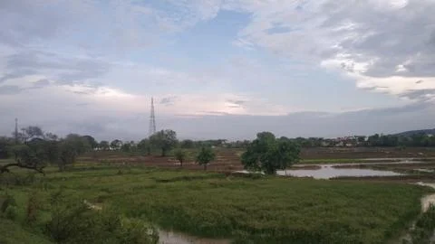 Blue cloudy sky with greenery small pond Foto stock