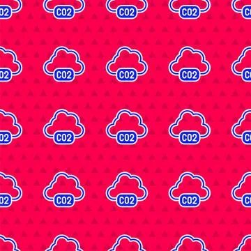 Blue CO2 emissions in cloud icon isolated seamless pattern on red background Stock Illustration