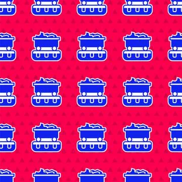 Blue Coal train wagon icon isolated seamless pattern on red background. Rail Stockillustratie