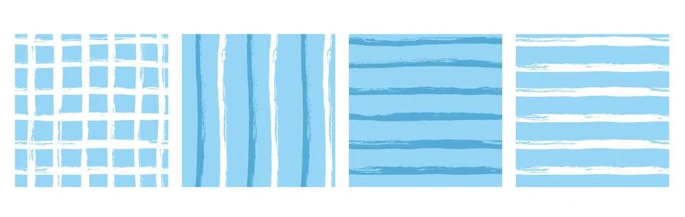 Blue coastal seamless pattern set. Baby stripes brush stroke and gingham grid Stock Illustration