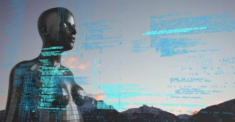 Blue code against black female AI and mountain tops and sky Stock Illustration
