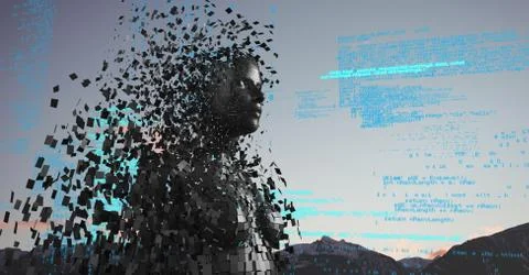 Blue code against black female AI and mountain tops and sky Stock Illustration