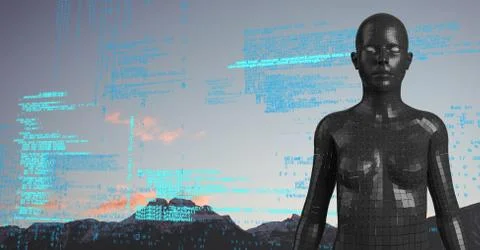 Blue code against black female AI and mountain tops and sky Stock Illustration