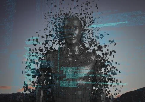 Blue code against black male AI and mountain tops and sky Stock Illustration