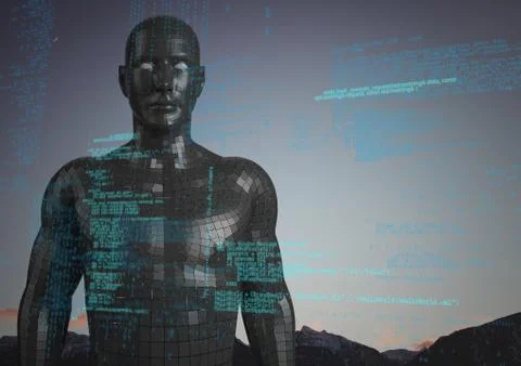 Blue code against black male AI and mountain tops and sky Stock-Illustration