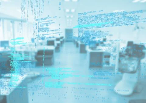 Blue code against blurry blue office Stock Illustration