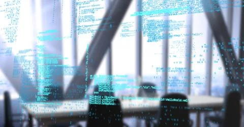 Blue code against blurry meeting room 库存照片