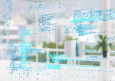 Blue code against blurry white office Foto stock