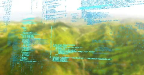 Blue code against green blurry mountains Illustrazione stock