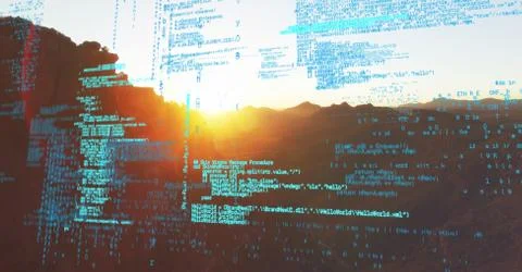 Blue code against mountain and sunset 스톡 사진