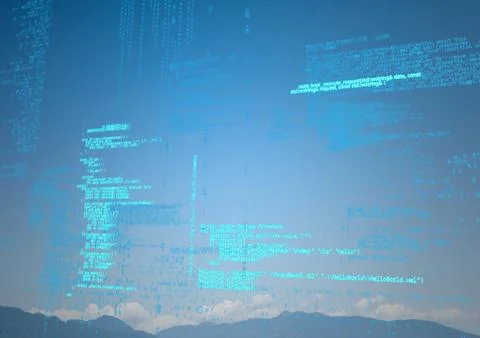 Blue code against mountain tops Illustrazione stock