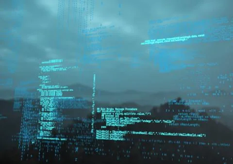 Blue code against mountains at night Illustrazione stock