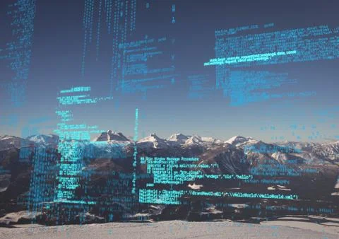 Blue code against mountains Stock Photos