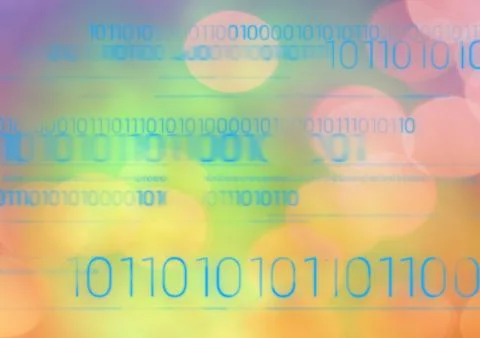 Blue code against multi-coloured bokeh Illustrazione stock