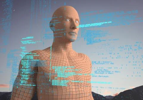 Blue code against orange male AI and mountain tops and sky Illustrazione stock