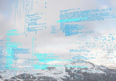 Blue code against snowy mountain tops Illustration