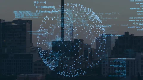 Blue code appearing over city starting 3D sphere rotating pulsing fading showing Stock Footage 312656743
