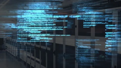 Blue code cluster appearing and drifting over server racks breaking apart fading Video stock 328255612