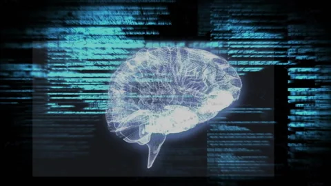Blue code drifting, wireframe brain hologram panels, annotations flickering Stock Footage 314745202