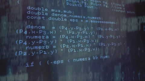 Blue code glowing on dark display, showing variable calculations with flowing Video stock 327783710