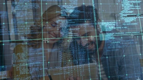 Blue code grid appearing, causing couple leaning toward tablet, tapping, Stock Footage 332522834