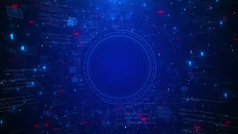 Blue code HUD interface background circular frame, floating binary numbers Stock Footage 340084286