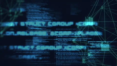 Blue code intensifying and shifting causing graph nodes lighting icons appearing Stock Footage 313307598