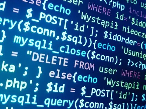 Blue code screen. Software development background. Coding concept. Stock Photos