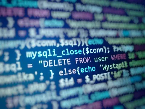 Blue code screen. Software development background. Coding concept. Stock Photos