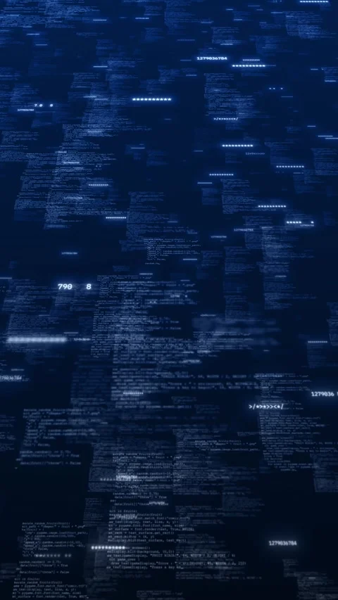 Blue code world map floating software blocks, glowing numbers, password marks, Stock Footage 340526536