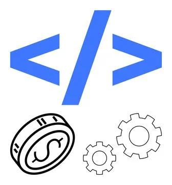 Blue coding brackets above a dollar coin and three gears. Ideal for fintech,  Stock-Illustration