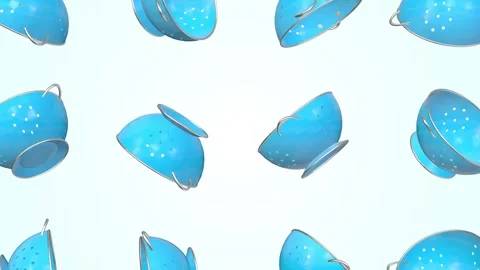 Blue Colanders Falling on a Light Background. Kitchen Appliances. Strainer. 4K Stock Footage 300993756