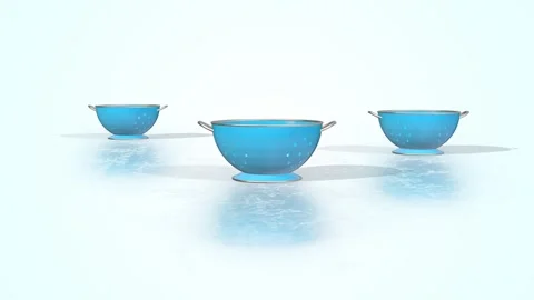 Blue Colanders on a Light Reflective Floor. Steel Strainer 3D Animation. 4K Stock Footage 300994625