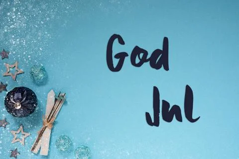 Blue Cold Background, Swedish Text God Jul Means Merry Christmas, Snowflakes Stock Photos
