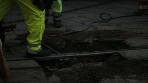 Blue Collar Worker Welding Tram Way Tracks Stock Footage 84203824