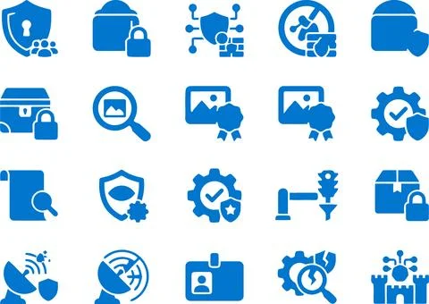 Blue Collection of Digital Security and Cyber Protection Icons for Interfac.. Illustrazione stock