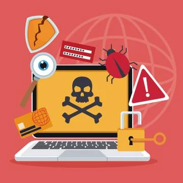 Blue color background laptop with attack virus and icons protection 스톡 일러스트