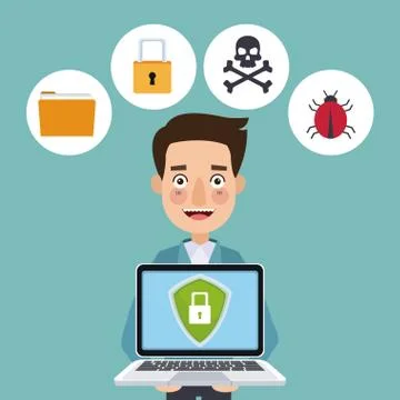 Blue color background laptop with security shield against espionage Illustrazione stock