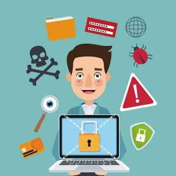 Blue color background man programmer holding laptop with security padlock with Stock-Illustration