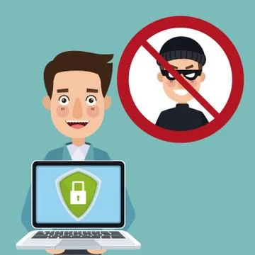 Blue color background man programmer holding laptop with security padlock with Stock-Illustration