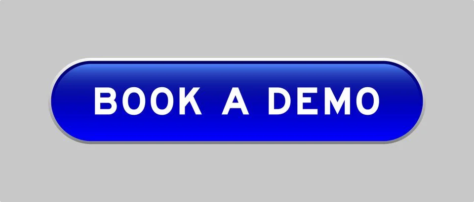 Blue color capsule shape button with word book a demo on gray background Illustrazione stock