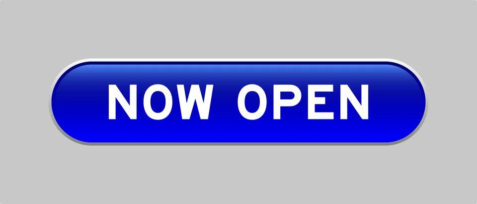 Blue color capsule shape button with word now open on gray background Illustrazione stock