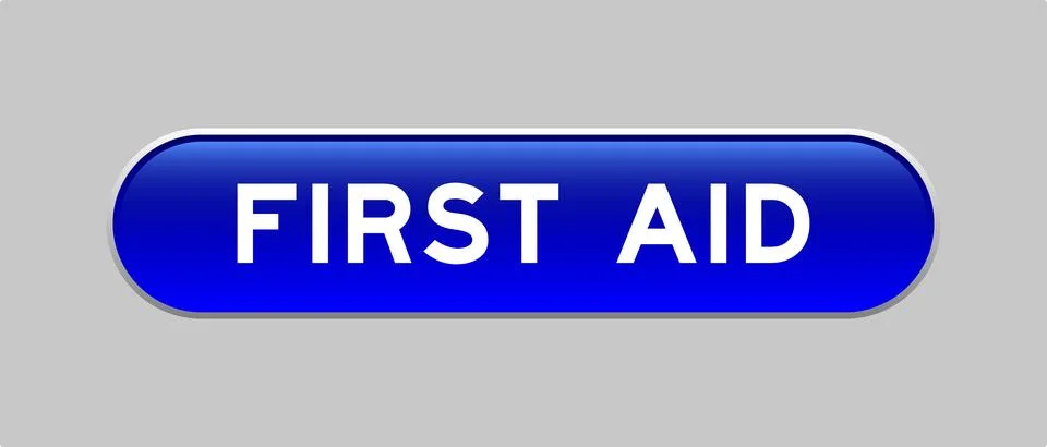 Blue color capsule shape button with word first aid on gray background Illustrazione stock