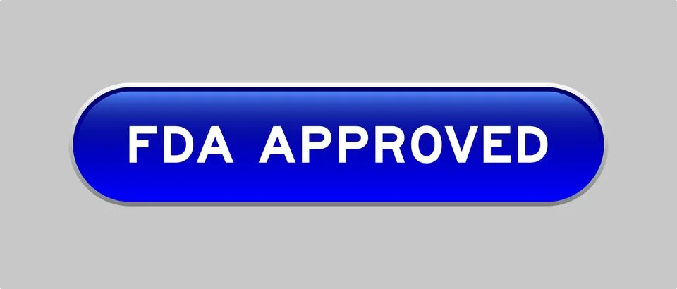Blue color capsule shape button with word FDA approved on gray background Illustrazione stock