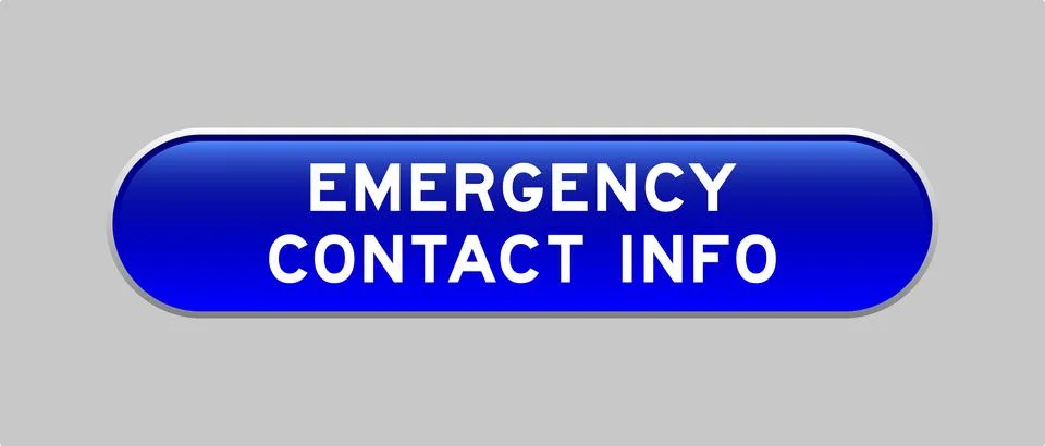 Blue color capsule shape button with word emergency contact info on gray ba.. Illustrazione stock
