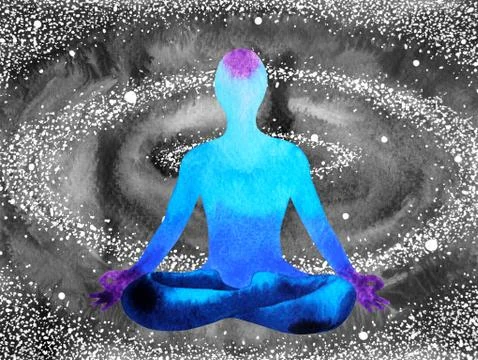 Blue color chakra human lotus pose yoga, abstract world, universe inside mind Stock Illustration