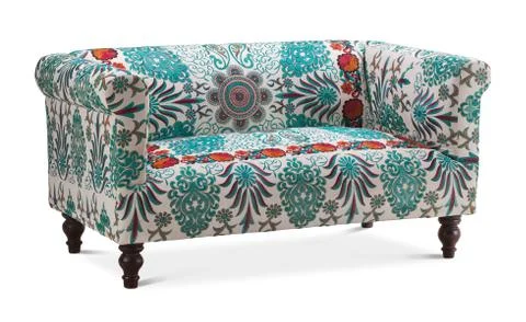 Blue color double sofa in the patterns. Modern designer sofa on white backg.. Stock Photos